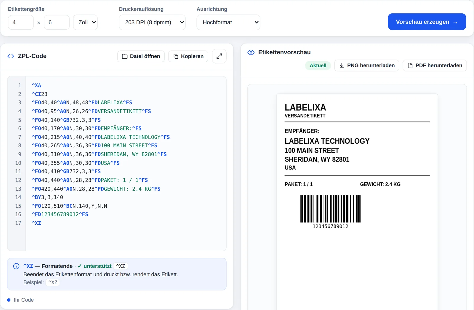 Labelixa ZPL-Vorschau: links der ZPL-Quelltext, rechts das gerenderte 4 × 6 Zoll Versandetikett mit Code-128-Barcode, als aktuell markiert.