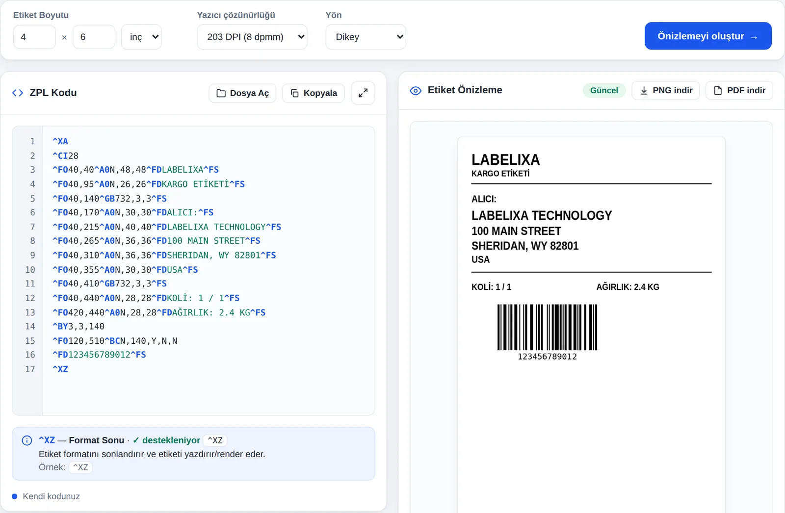 Labelixa ZPL önizleme: solda ZPL kaynağı, sağda Code 128 barkodlu 4 × 6 inç kargo etiketinin render'ı, Güncel rozetiyle.
