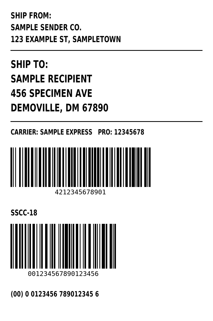 GS1-128 shipping label with SSCC